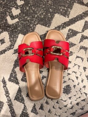 Time and Tru Red Slide Sandals with Gold Chain Accent